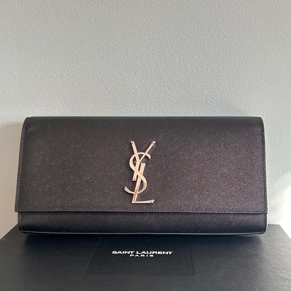 Saint Laurent Dark Leather Clutch with Metallic Logo